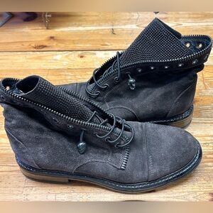 275 Central Womens Lace Up Studded Crystal Combat Ankle Boots Black Suede 38